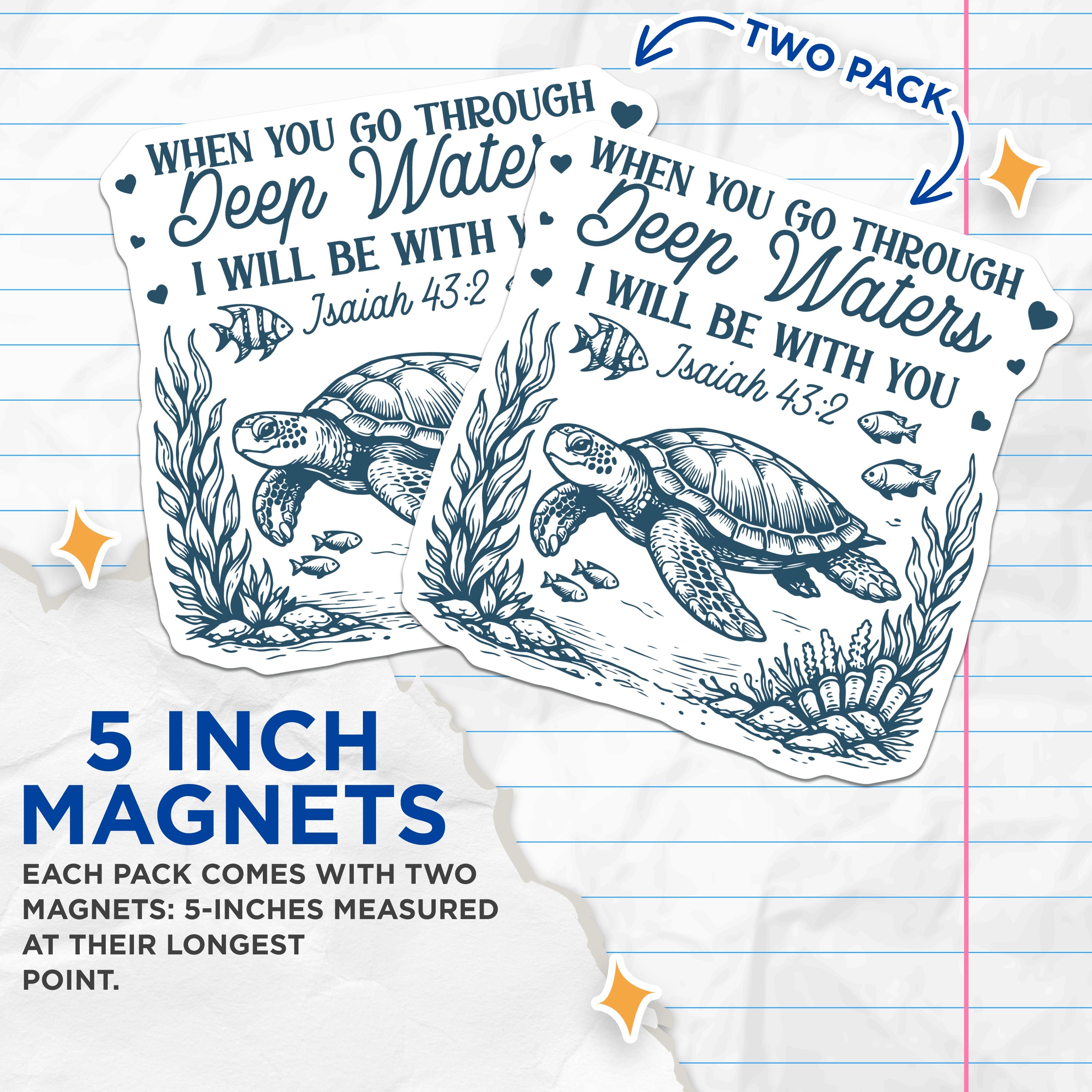 (2 Pack) Deep Waters Magnets - Isaiah 43:2 Scripture Verse - Christian Turtle Faith Based Encouragement - 5 Inches On Longest Side - Thick Durable Magnet - Made in USA - MAG36394