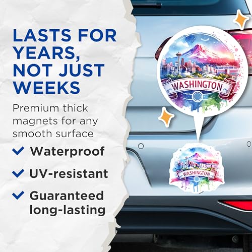 (2 Pack) Washington State Souvenir Magnets - Scenic USA Travel Collectibles - Seattle Skyline Decor - Washington Artwork - 5" On Longest Side - for Cars, Fridges, Toolboxes - Made in USA - MAG7212