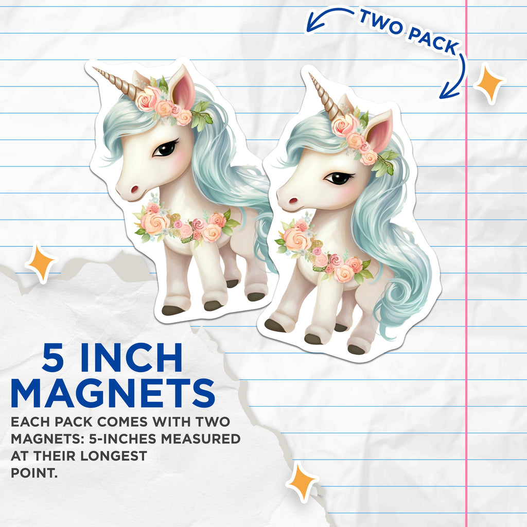 (2 Pack) Floral Unicorn Magnets - Kawaii Fantasy Decor - Magical Animal Kids Room Accent - 5 Inches On Longest Side - Thick Durable Magnet - Made in USA - MAG38508