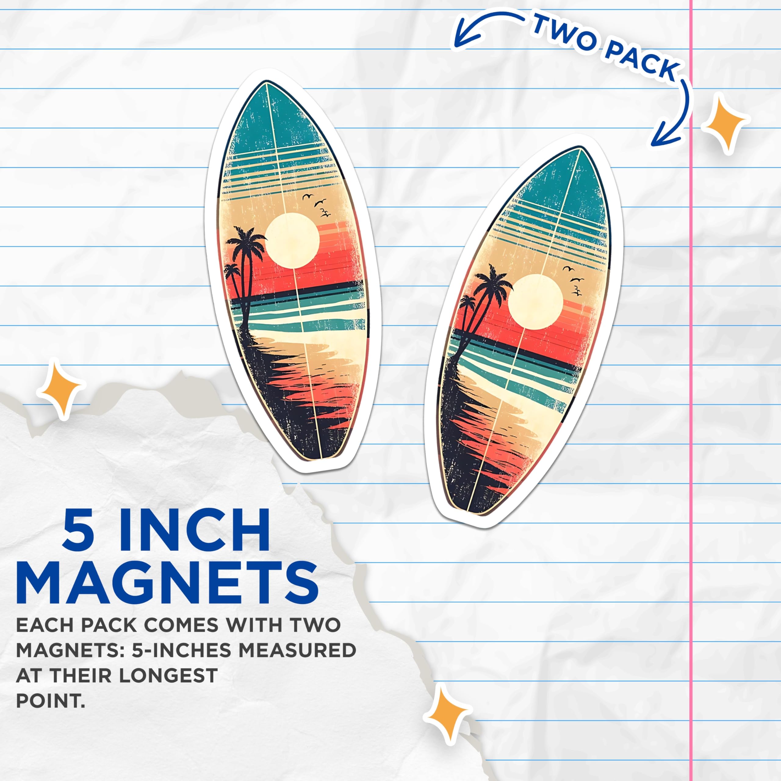 (2 Pack) Surfboard Magnets - Retro Beach Art - Sunset Coastal Home Decor - 5" On Longest Side - Premium Magnet - for Cars, Refrigerators, Toolboxes, Lockers - Made in USA - MAG15753