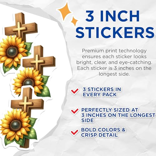 (3 Pack) Sunflower Cross Decals - Religious Decal - Christian Laptop Decal - 3 Inches On Longest Side - Easy Peel & Apply - Made in USA - 3MCS4100