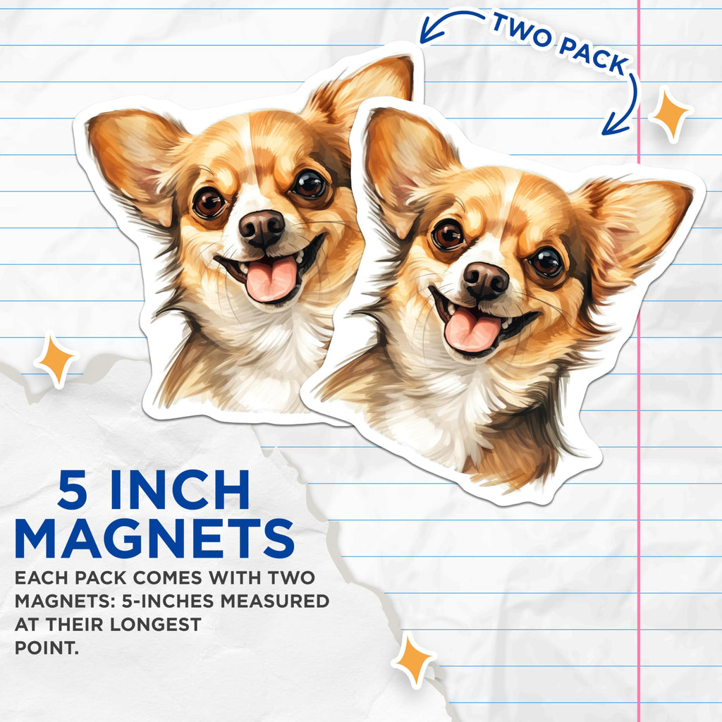 (2 Pack) Happy Chihuahua Magnets - Dog Lover Fridge Decor - Pet Parent Cute Animal Art - Smiling Long Hair Dog Portrait - 5 Inches On Longest Side - Thick Durable Magnet - Made in USA - MAG25834