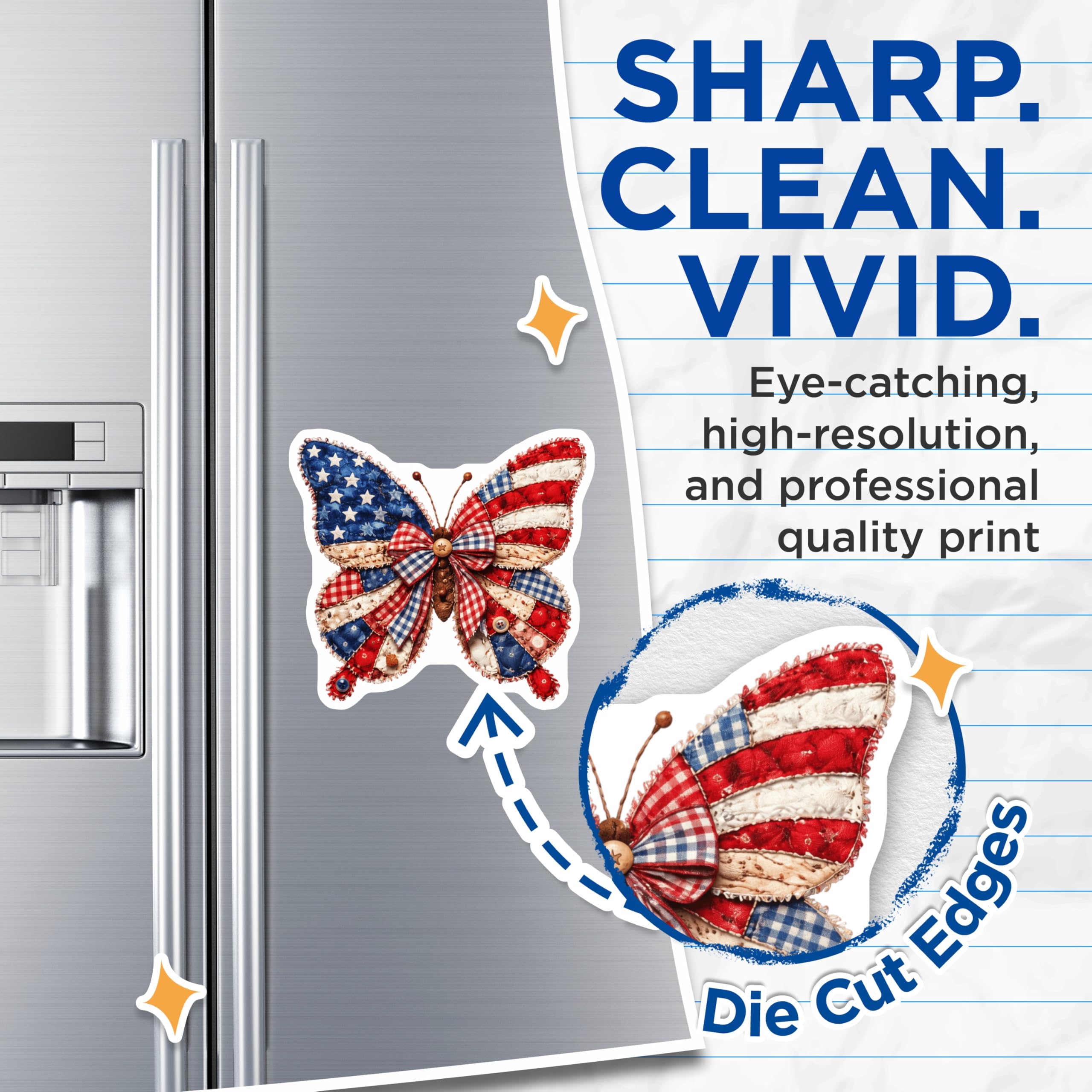 (2 Pack) American Butterfly Magnets - Patriotic Quilt Design - Fourth of July Decor - 5 Inches On Longest Side - Thick Durable Magnet - Made in USA - MAG20868