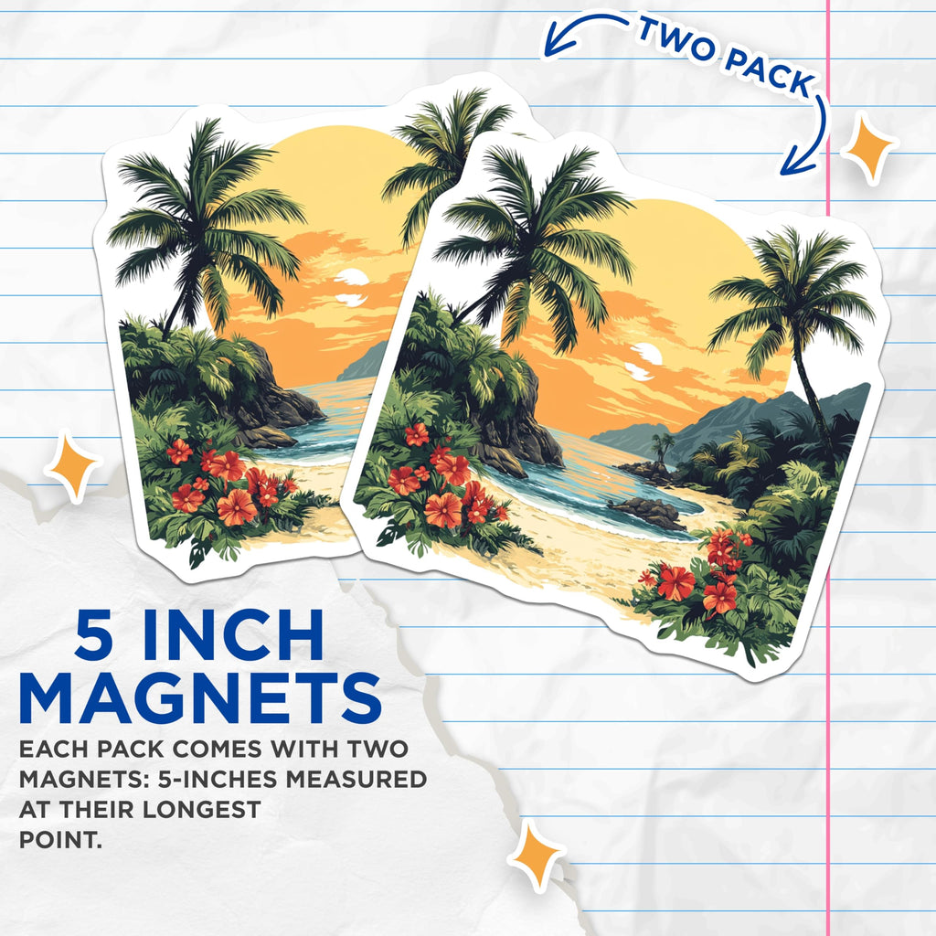 (2 Pack) Tropical Beach Sunset Magnets - Hawaiian Decor - Coastal Vibe Fridge Art - 5 Inches On Longest Side - Thick Durable Magnet - Made in USA - MAG27159