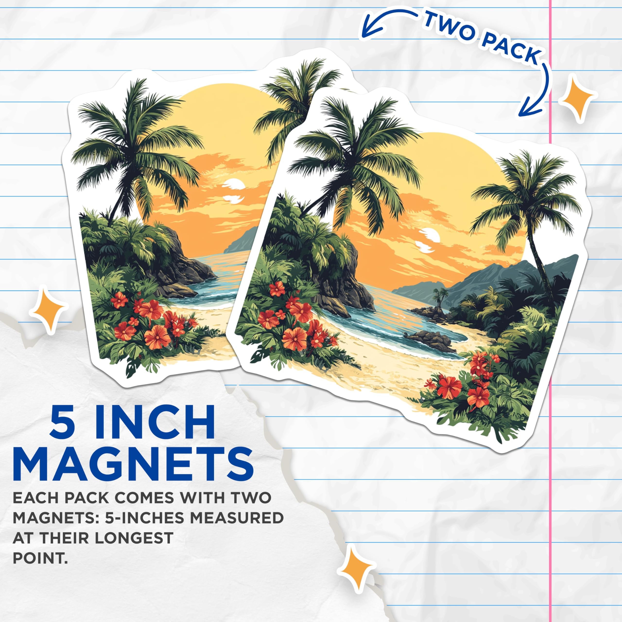 (2 Pack) Tropical Beach Sunset Magnets - Hawaiian Decor - Coastal Vibe Fridge Art - 5 Inches On Longest Side - Thick Durable Magnet - Made in USA - MAG27159