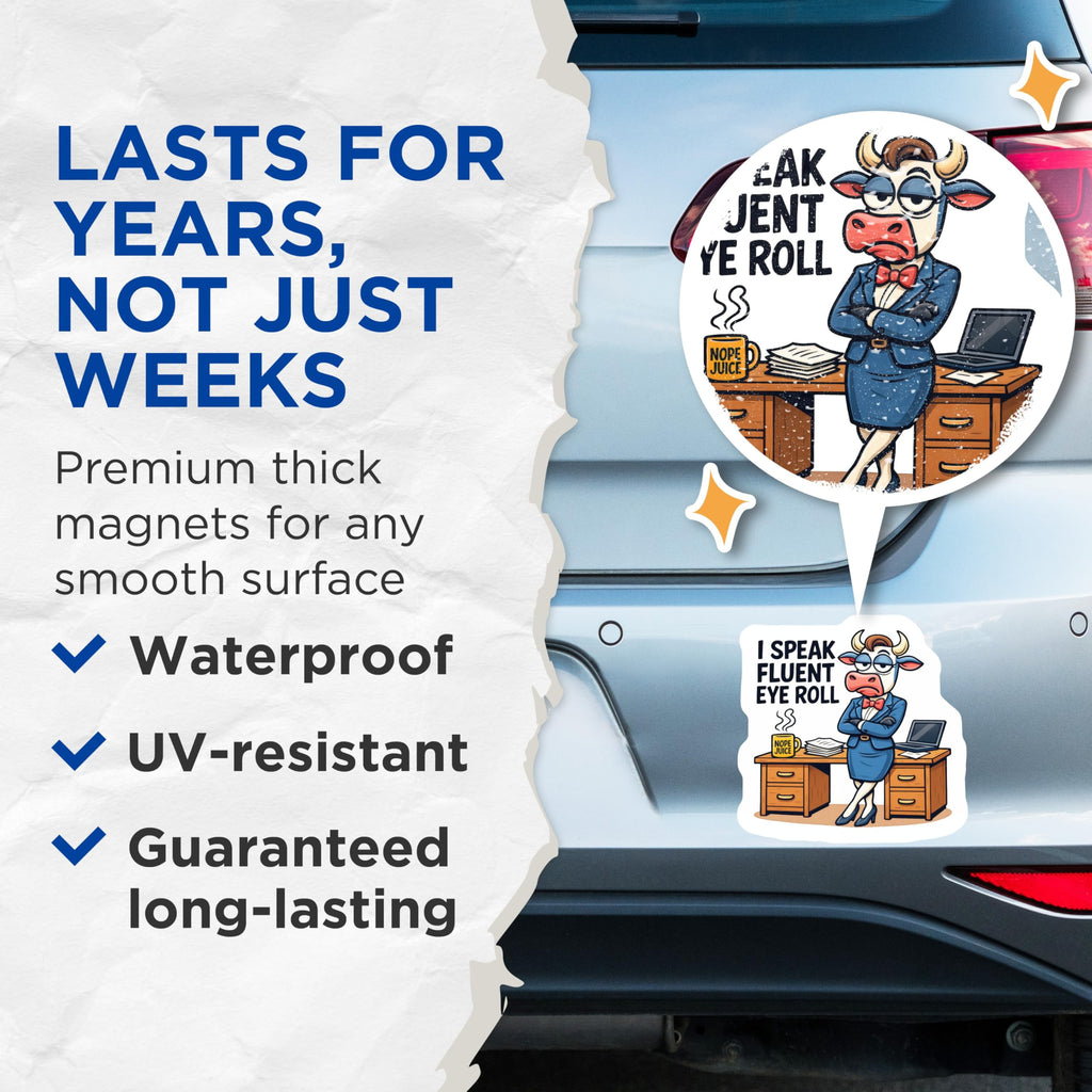 (2 Pack) Fluent Eye Roll Magnets - Sarcastic Office Humor Cow Decor - Funny Work Magnet for Refrigerator Desk Coworker - 5 Inches On Longest Side - Thick Durable Magnet - Made in USA - MAG22443