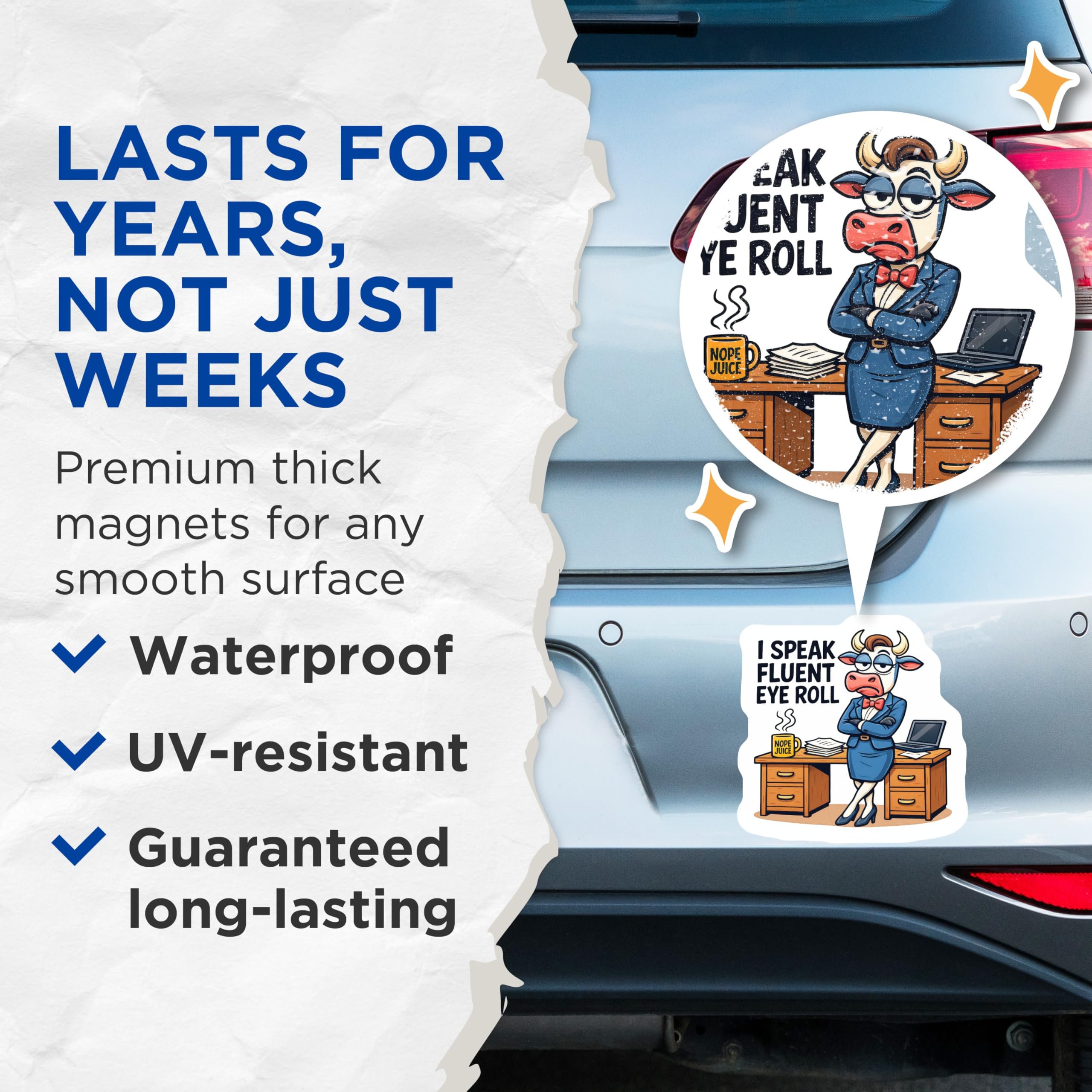 (2 Pack) Fluent Eye Roll Magnets - Sarcastic Office Humor Cow Decor - Funny Work Magnet for Refrigerator Desk Coworker - 5 Inches On Longest Side - Thick Durable Magnet - Made in USA - MAG22443