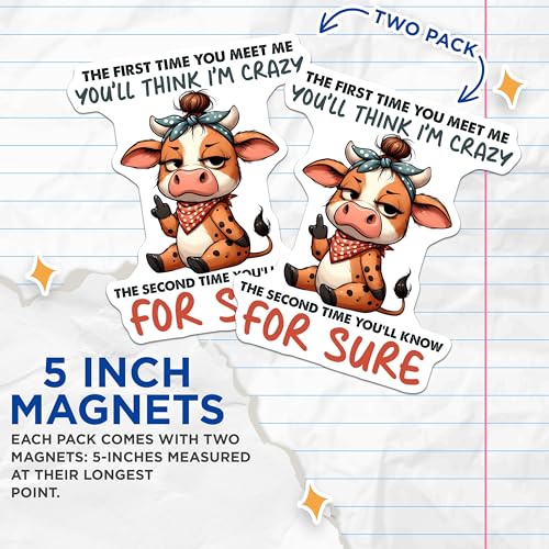 (2 Pack) Cute Cow Magnets - Funny Sayings - Quirky Animal - Humor Refrigerator Magnets - 5" On Longest Side - for Cars, Fridges, Toolboxes - Made in USA - MAG3777