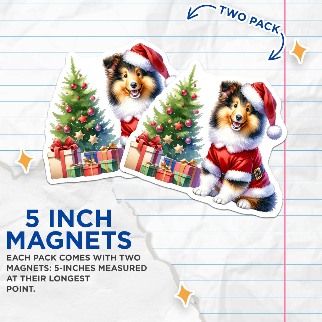 (2 Pack) Santa Dog Magnets - Cute Christmas Sheltie Decor - Puppy Holiday Refrigerator Art - 5 Inches On Longest Side - Thick Durable Magnet - Made in USA - MAG25099