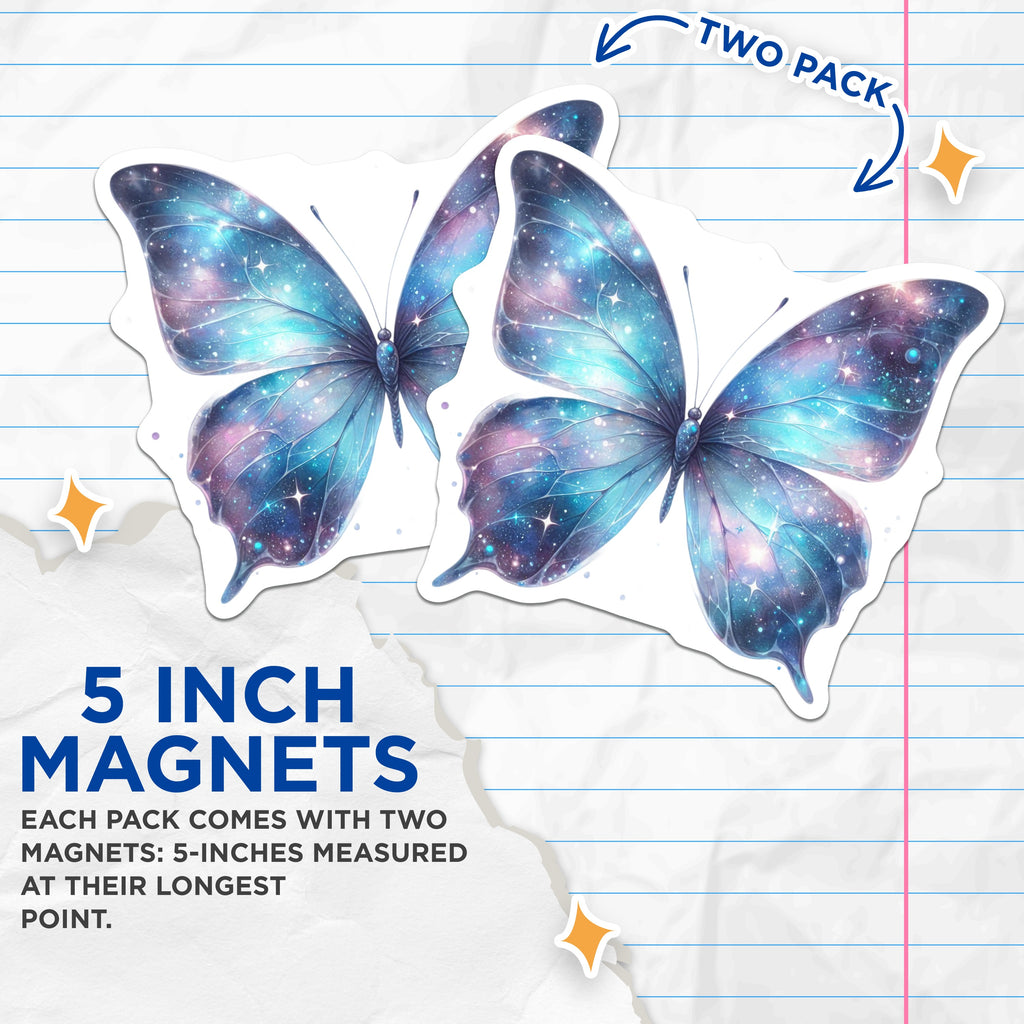 (2 Pack) Galaxy Butterfly Magnets - Celestial Starry Wings - Whimsical Fridge Decor - 5 Inches On Longest Side - Thick Durable Magnet - Made in USA - MAG37951