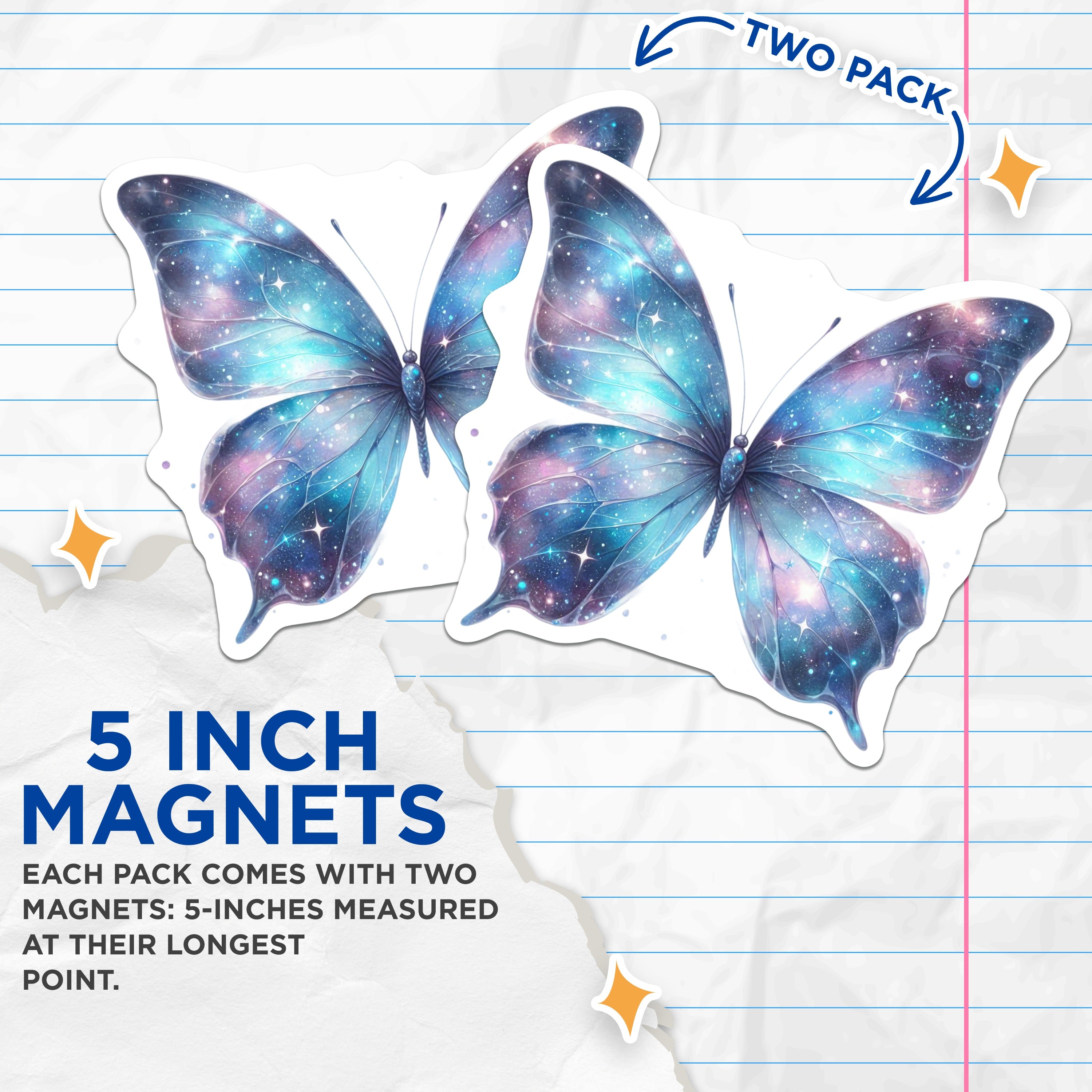 (2 Pack) Galaxy Butterfly Magnets - Celestial Starry Wings - Whimsical Fridge Decor - 5 Inches On Longest Side - Thick Durable Magnet - Made in USA - MAG37951