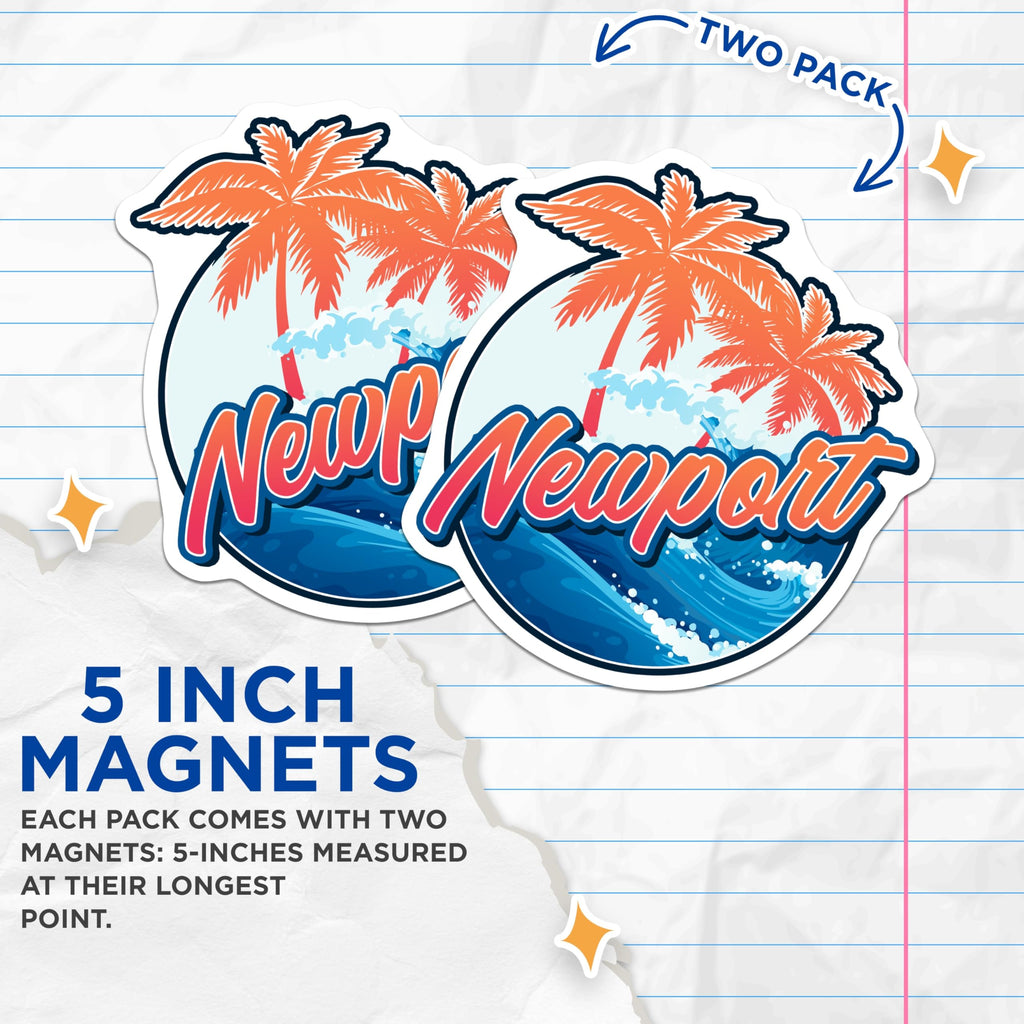 (2 Pack) Newport California Magnets - Coastal Beach Decor - Palm Tree Ocean Wave Travel Souvenir - 5 Inches On Longest Side - Thick Durable Magnet - Made in USA - MAG19087