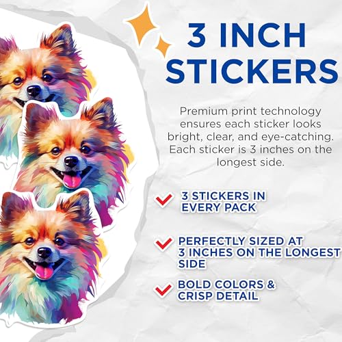 (3 Pack) Pomeranian Decals - Colorful Dog Stickers - Laptop Car Decal - 3 Inches On Longest Side - Easy Peel & Apply - Made in USA - 3MCS0793
