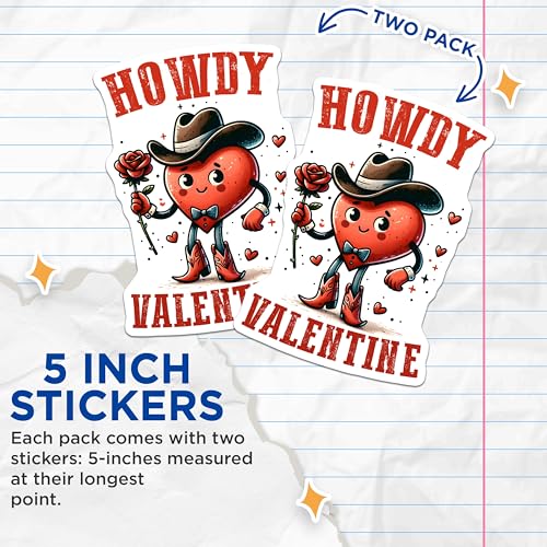 (2 Pack) Howdy Valentine Stickers - Cute Heart Cowboy Stickers - Romantic Love Stickers - 5" On Longest Side - Sticks to Any Smooth Flat Surface - Made in USA - BMCS3139