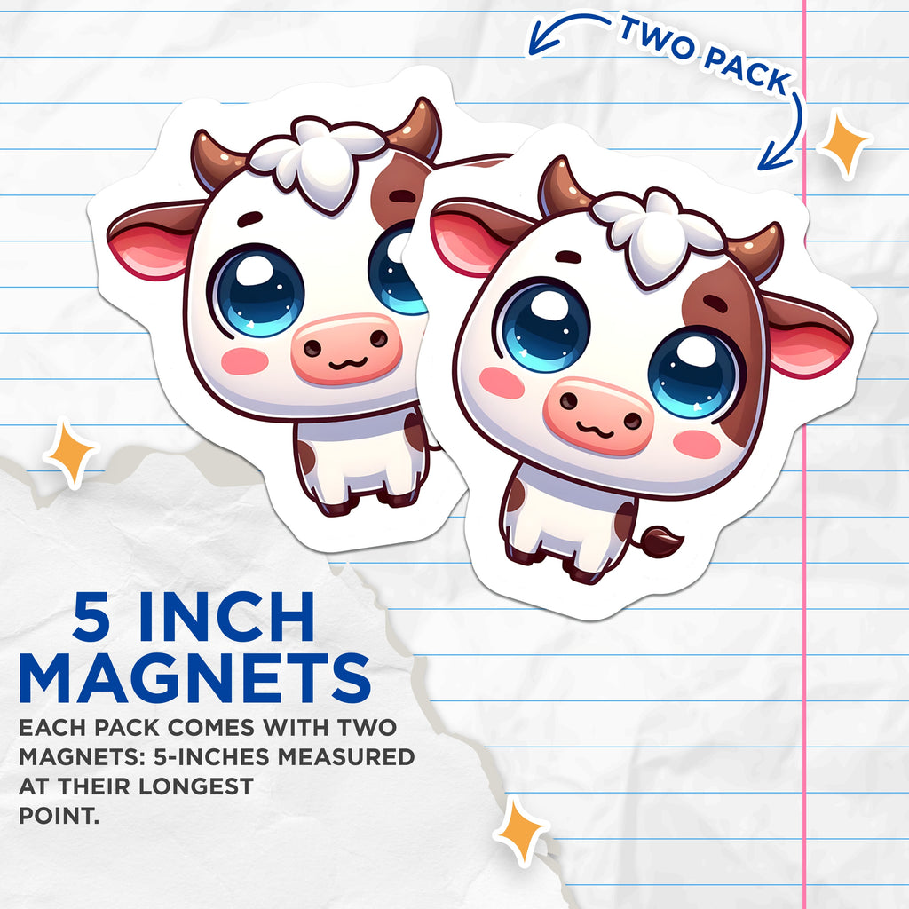 (2 Pack) Cute Cow Magnets - Kawaii Farm Animal - Adorable Chibi Bovine Magnets - Whimsical Fridge Decor - 5 Inches On Longest Side - Thick Durable Magnet - Made in USA - MAG36204