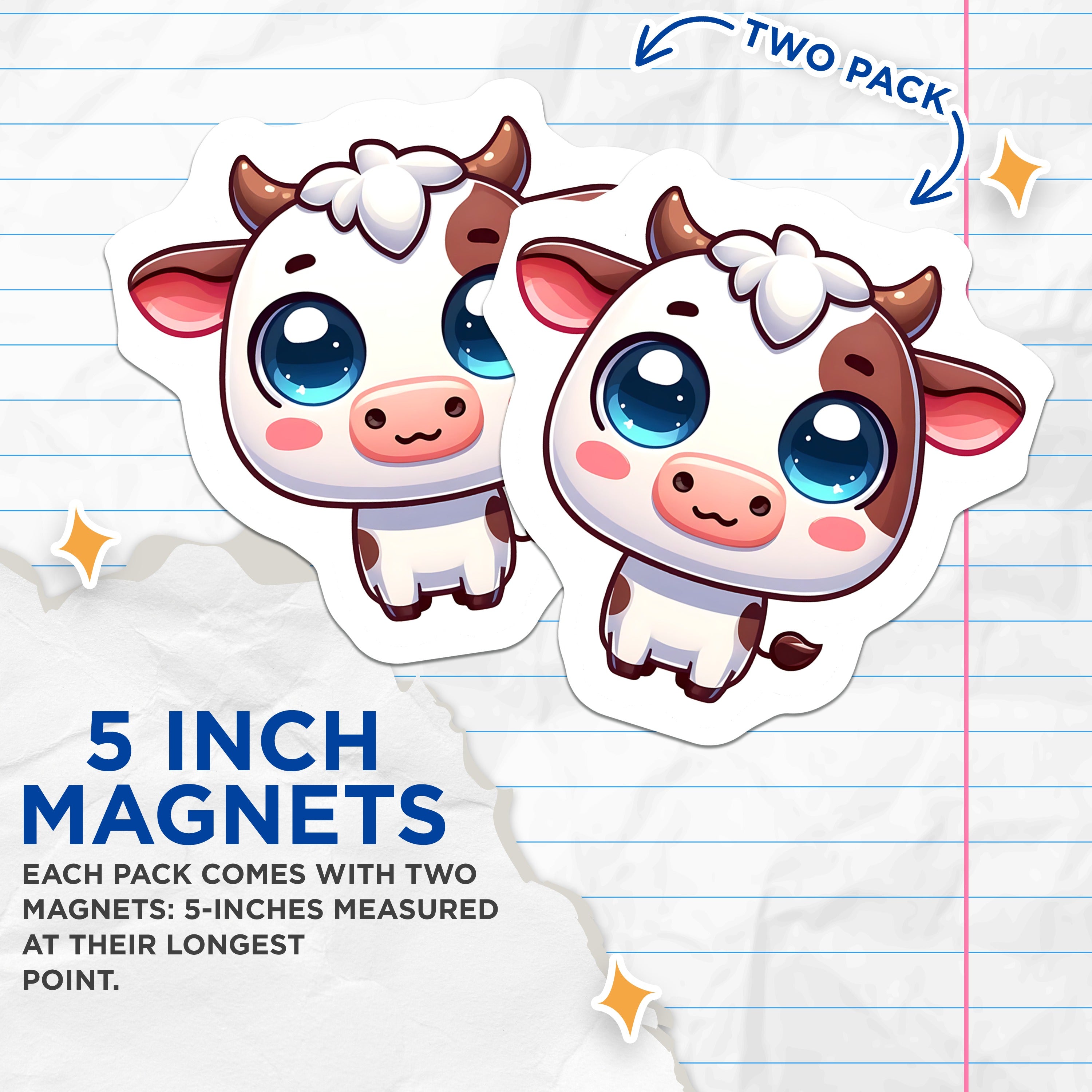(2 Pack) Cute Cow Magnets - Kawaii Farm Animal - Adorable Chibi Bovine Magnets - Whimsical Fridge Decor - 5 Inches On Longest Side - Thick Durable Magnet - Made in USA - MAG36204