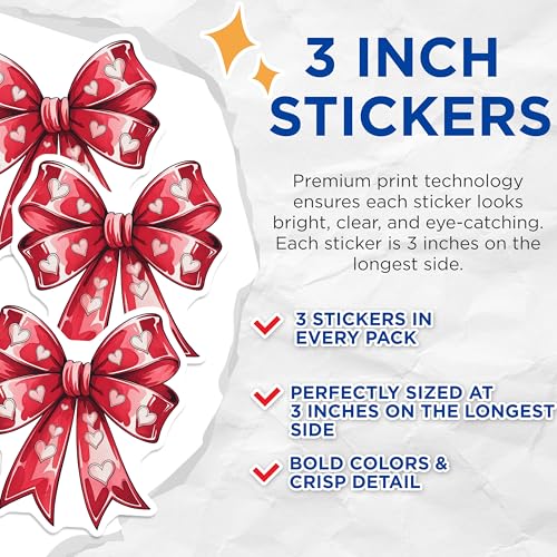 (3 Pack) Heart Bow Decals - Red Ribbon - Valentine's Day Decor - 3 Inches On Longest Side - Easy Peel & Apply - Made in USA - 3MCS2330