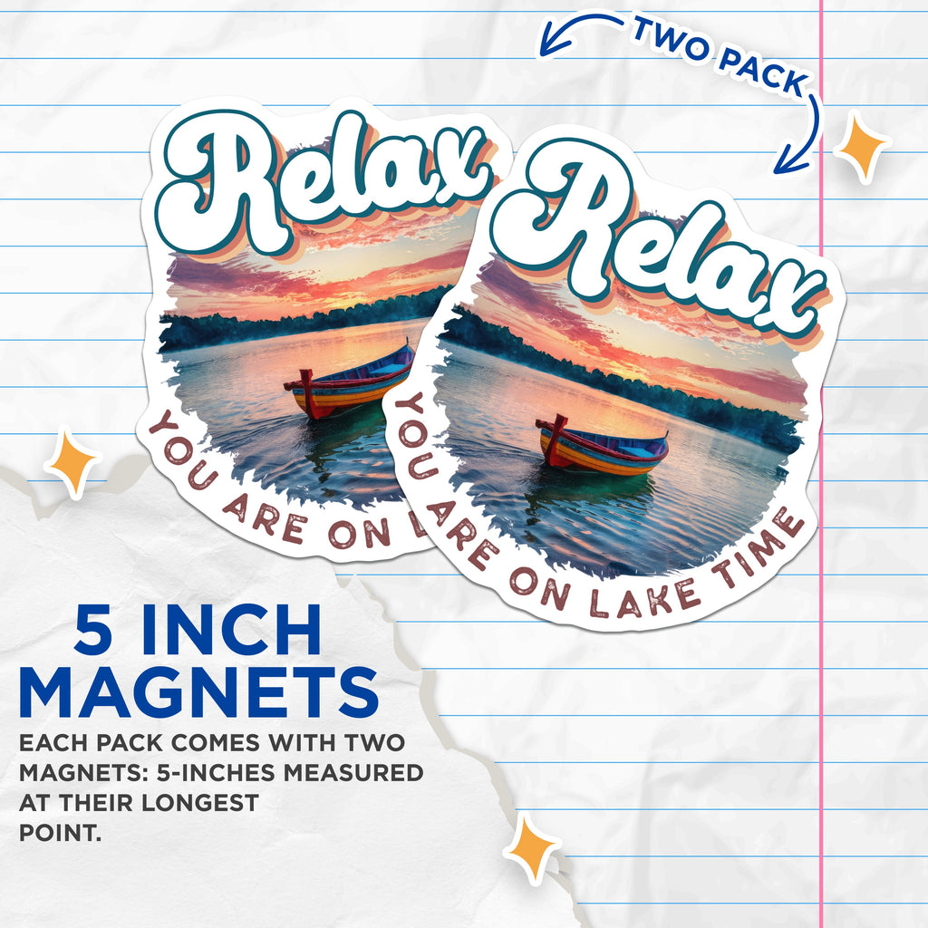 (2 Pack) Lake Time Magnets - Relaxing Sunset Boat Scene - Cabin Decor - Outdoor Lover Vacation Vibe - 5 Inches On Longest Side - Thick Durable Magnet - Made in USA - MAG36749