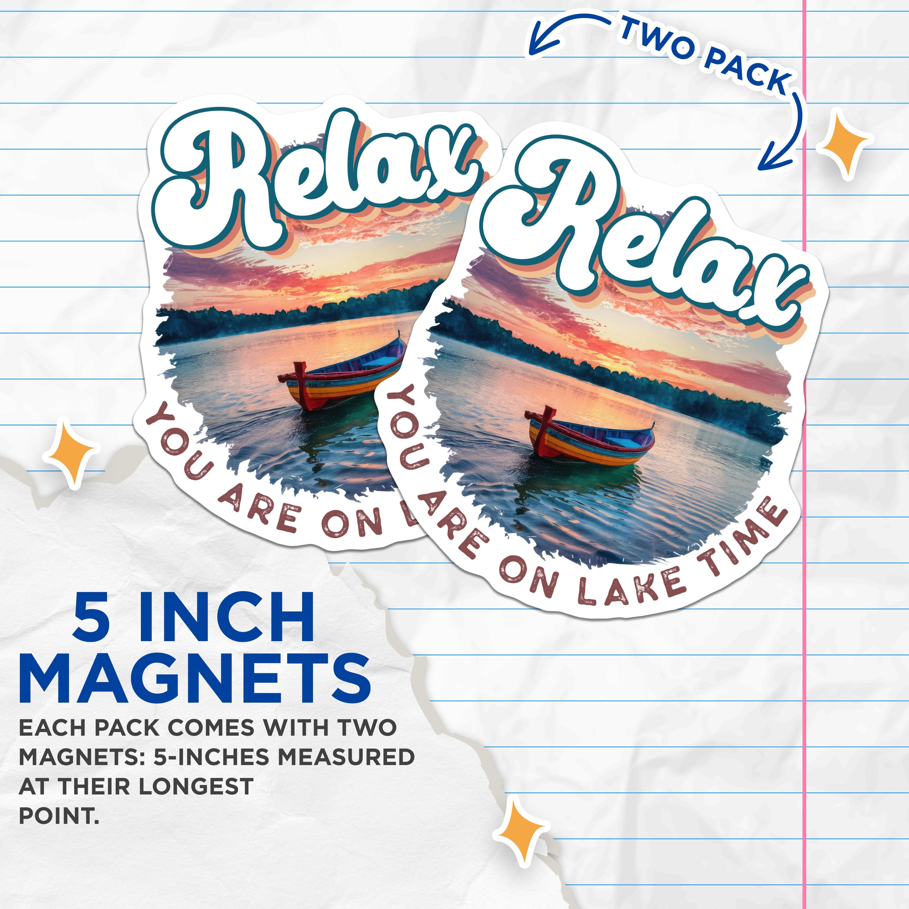 (2 Pack) Lake Time Magnets - Relaxing Sunset Boat Scene - Cabin Decor - Outdoor Lover Vacation Vibe - 5 Inches On Longest Side - Thick Durable Magnet - Made in USA - MAG36749