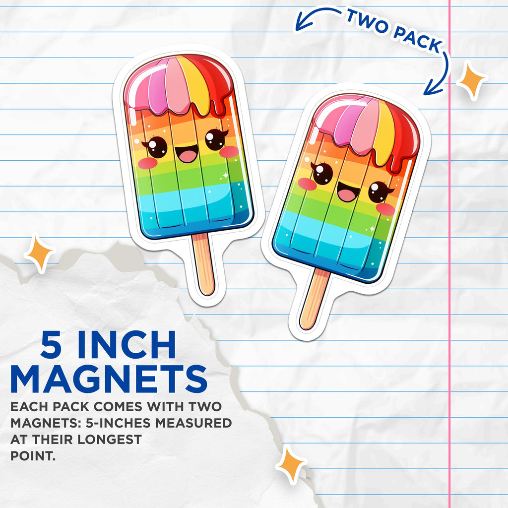 (2 Pack) Kawaii Popsicle Magnets - Rainbow Ice Pop - Cute Summer Fridge Decor - Colorful Kitchen Locker Accent - 5 Inches On Longest Side - Thick Durable Magnet - Made in USA - MAG37709