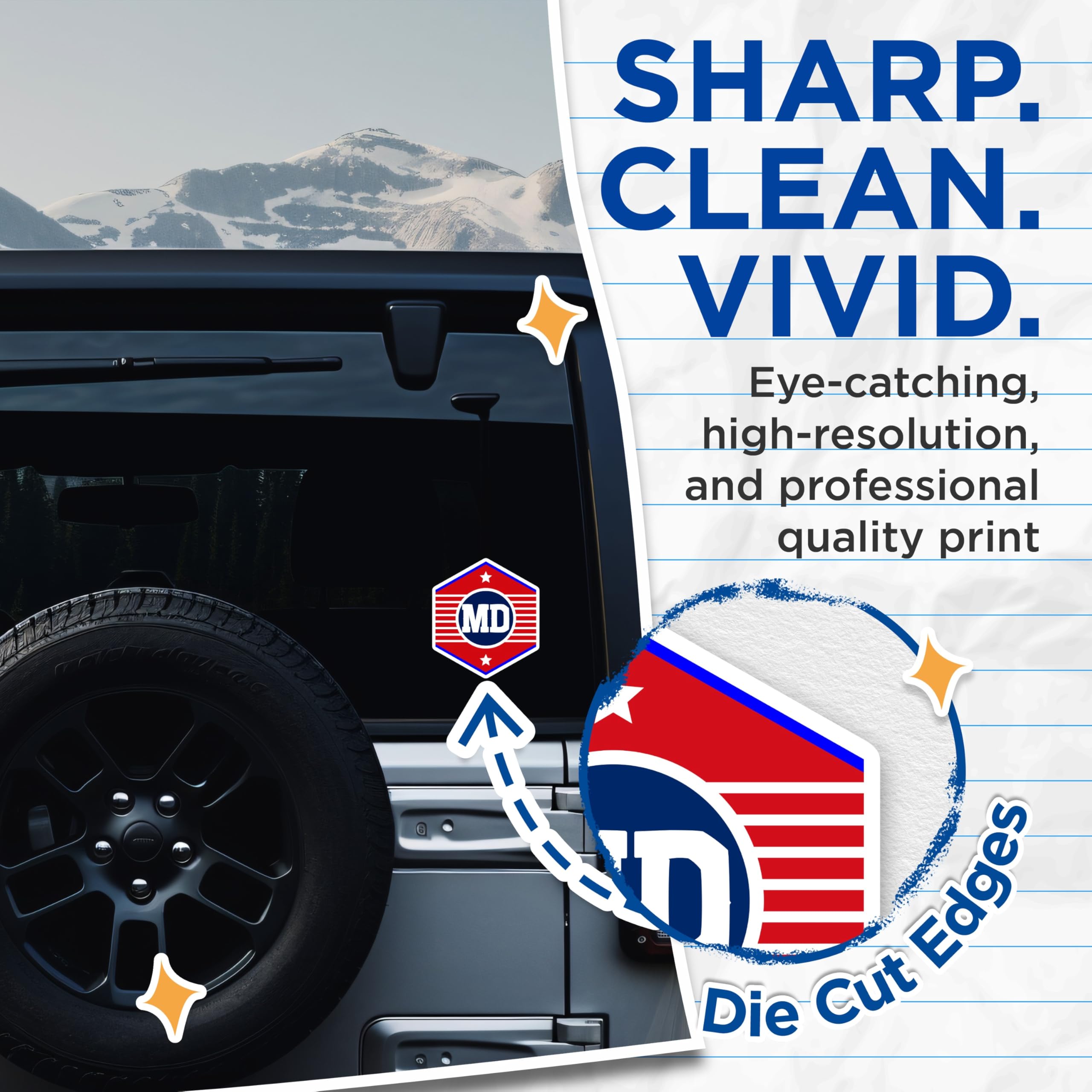 (2 Pack) MD Initial Stickers - Red White and Blue - Letter MD Stickers - 5" On Longest Side - Sticks to Smooth Flat Surfaces - Made in USA - BMCS17735
