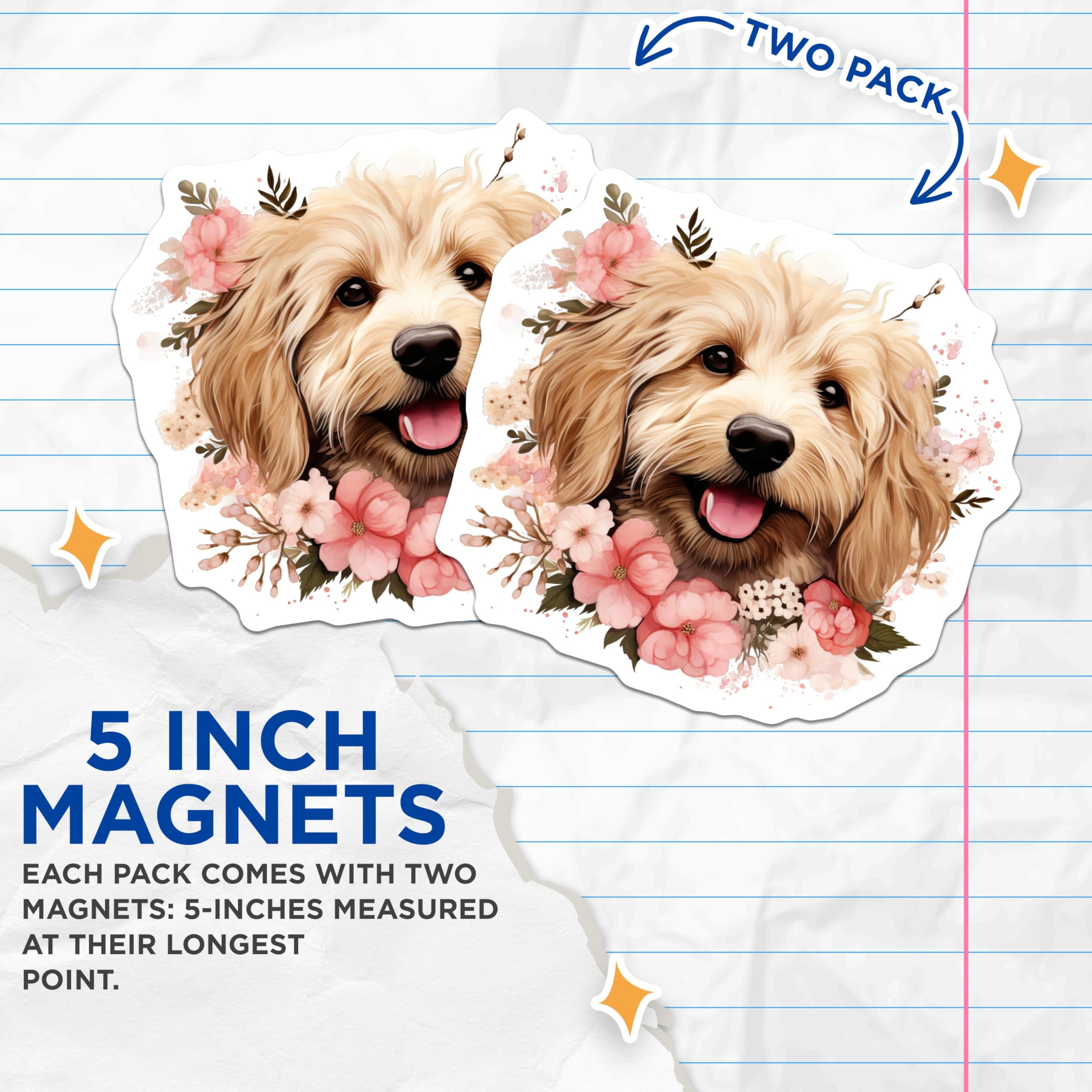 (2 Pack) Goldendoodle Puppy Magnets - Floral Dog Mom Decor - Cute Pet Lover Magnet - 5 Inches On Longest Side - Thick Durable Magnet - Made in USA - MAG28680