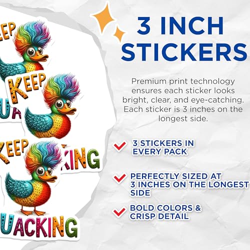 (3 Pack) Rainbow Duck Decals - Keep Quacking - Laptop Decals- 3 Inches On Longest Side - Easy Peel & Apply - Made in USA - 3MCS5118