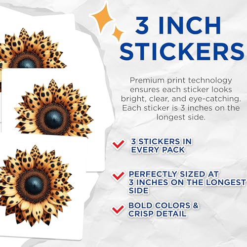 (3 Pack) Sunflower Decals - Leopard Print Flower - Laptop Decals - 3 Inches On Longest Side - Easy Peel & Apply - Made in USA - 3MCS4099