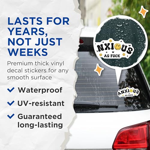 (2 Pack) Anxious as Fuck Stickers - Funny Anxiety Relief - Mental Health Awareness Decals - 5" On Longest Side - Sticks to Smooth Flat Surfaces - Made in USA - BMCS7670
