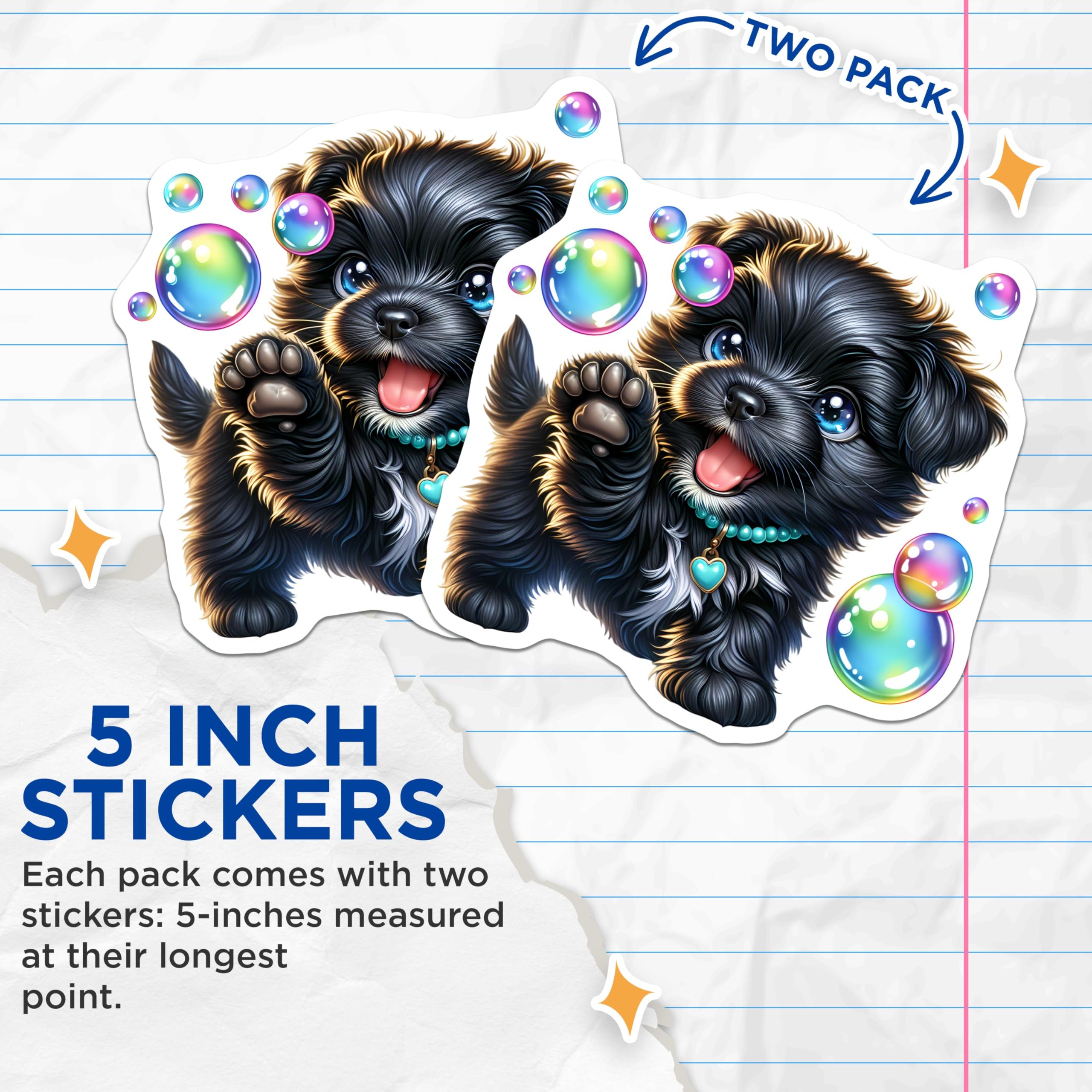 (2 Pack) Adorable Puppy Stickers - Cute Dog Art - Colorful Bubble Stickers - 5" On Longest Side - Sticks to Smooth Flat Surfaces - Made in USA - BMCS9612
