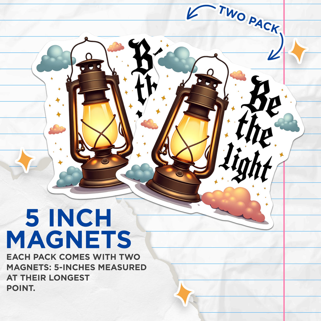 (2 Pack) Be the Light Magnets - Inspirational Lantern Decor - Whimsical Quote Refrigerator Accessory - Uplifting Home Accent - 5 Inches On Longest Side - Thick Durable Magnet - Made in USA - MAG38084