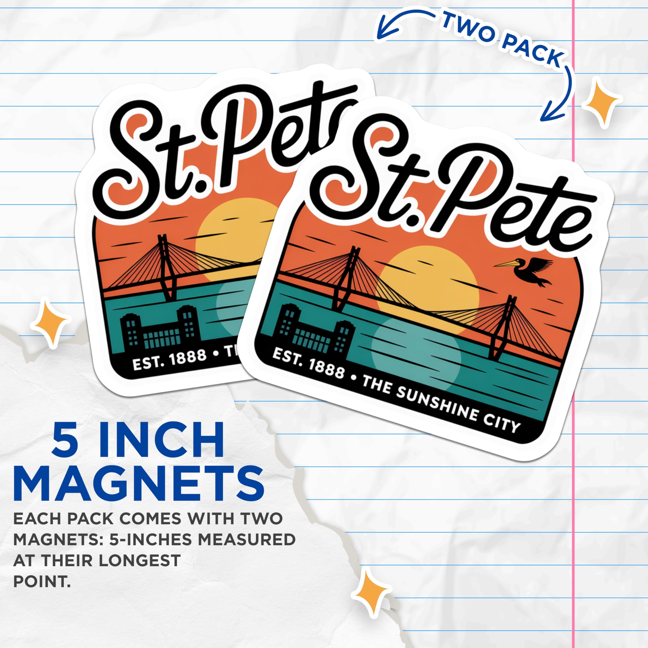 (2 Pack) St Pete Florida Magnets - Sunshine City Decor - Travel Souvenir - 5" On Longest Side - Premium Magnet - for Cars, Refrigerators, Toolboxes, Lockers - Made in USA - MAG17174