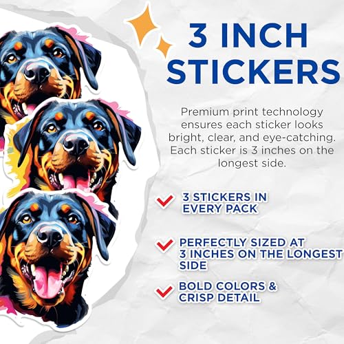 (3 Pack) Rottweiler Dog Decals - Colorful Pet Art - Laptop Decals - 3 Inches On Longest Side - Easy Peel & Apply - Made in USA - 3MCS0809