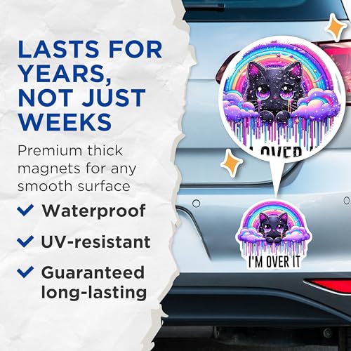 (2 Pack) Black Cat I'm Over It Magnets - Cute Rainbow Cat - Funny Cat Magnets for Home or Office - 5" On Longest Side - for Cars, Fridges, Toolboxes - Made in USA - MAG4586