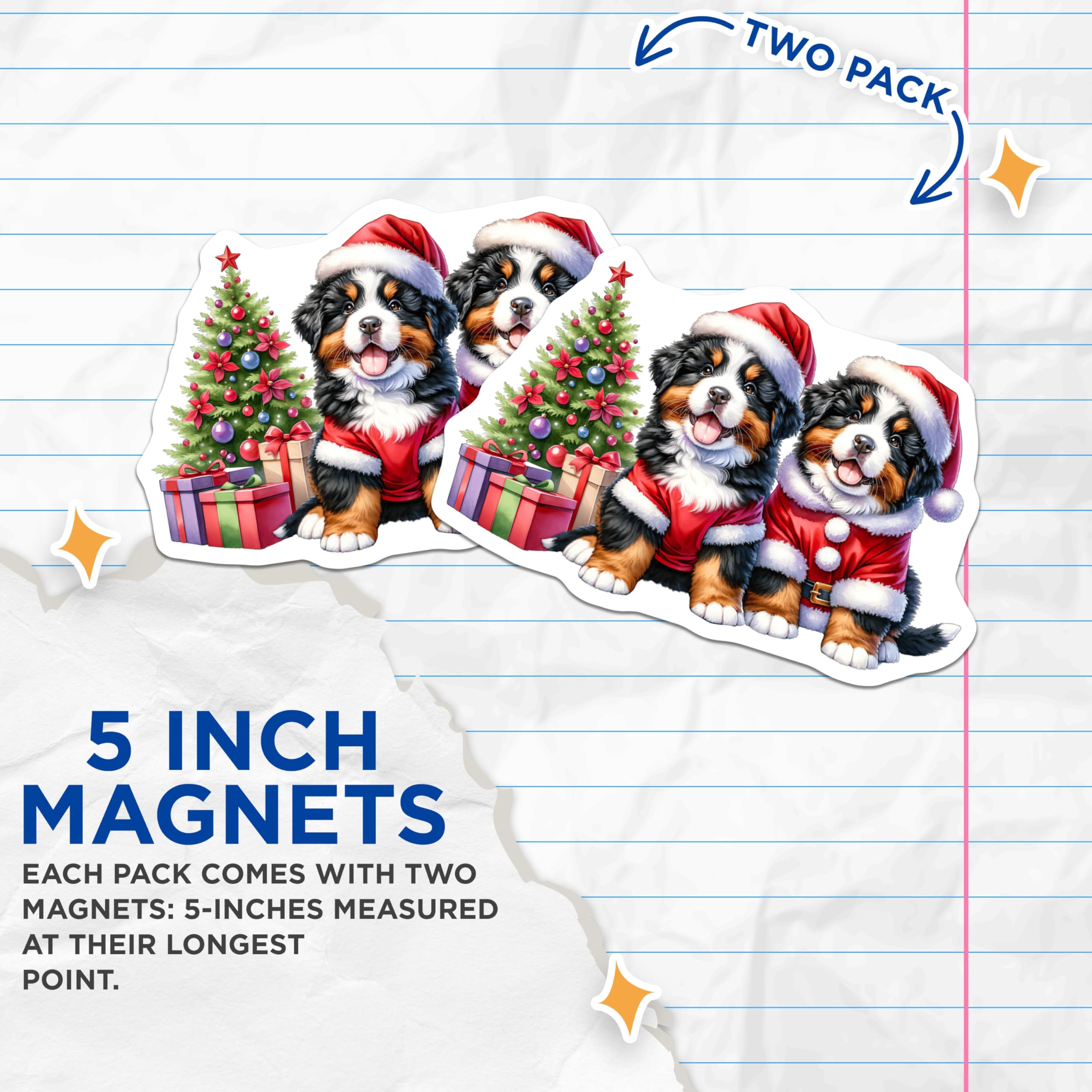 (2 Pack) Bernese Mountain Dog Puppies Magnets - Christmas Santa Pups - Holiday Pet Decor - 5 Inches On Longest Side - Thick Durable Magnet - Made in USA - MAG27503