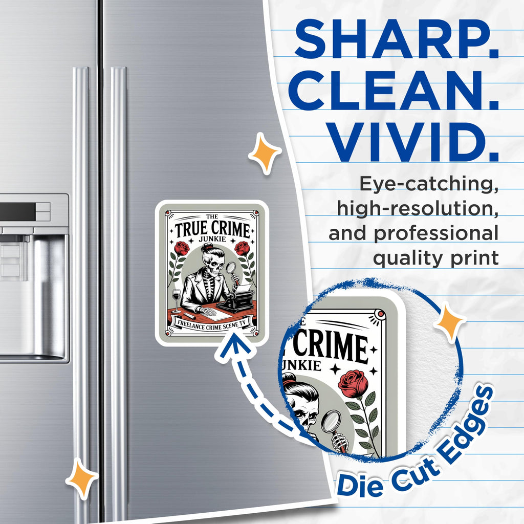 (2 Pack) True Crime Junkie Magnets - Skeleton Detective Magnifying Glass - Mystery Crime Scene Decor - Gothic Noir Art - 5 Inches On Longest Side - Thick Durable Magnet - Made in USA - MAG20718
