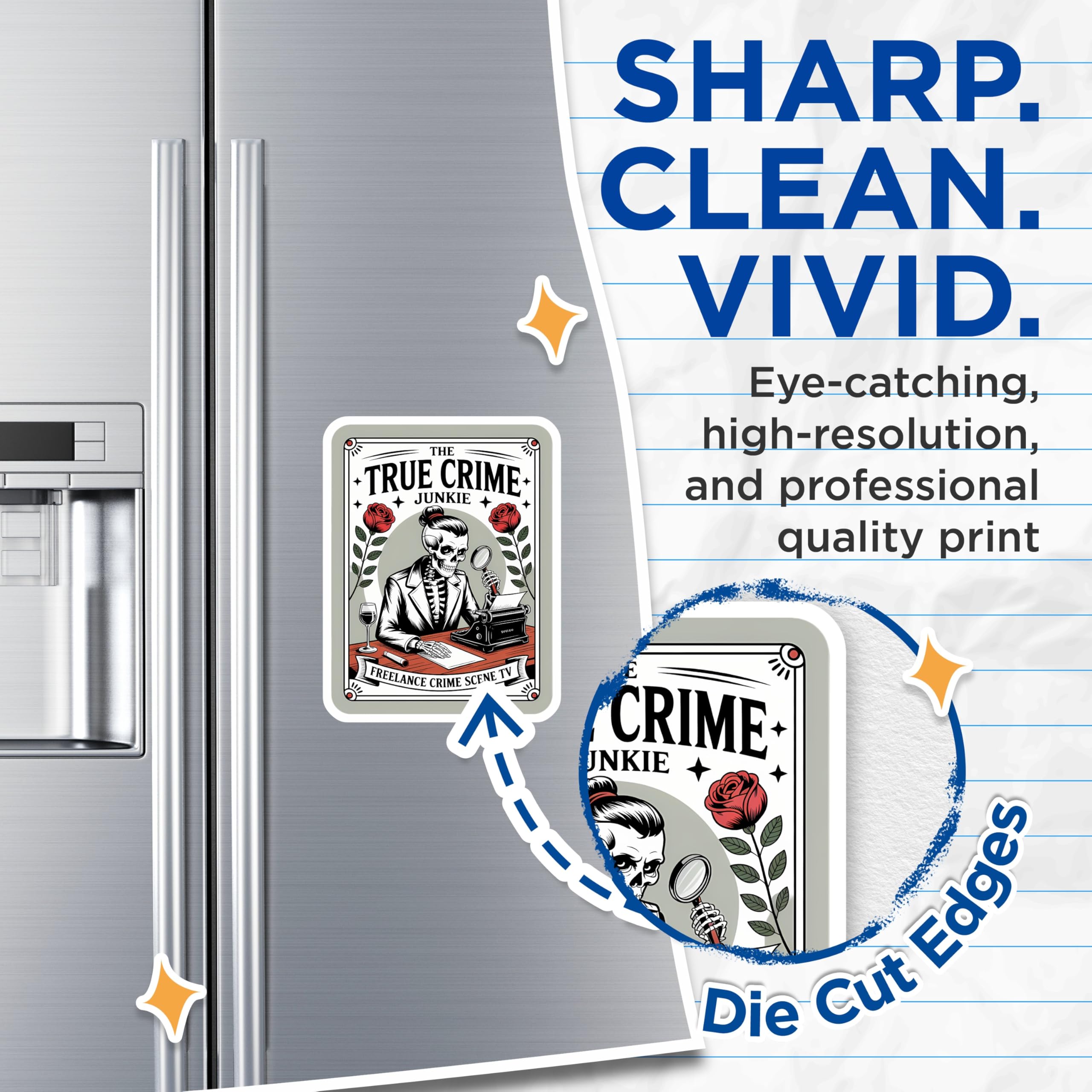 (2 Pack) True Crime Junkie Magnets - Skeleton Detective Magnifying Glass - Mystery Crime Scene Decor - Gothic Noir Art - 5 Inches On Longest Side - Thick Durable Magnet - Made in USA - MAG20718