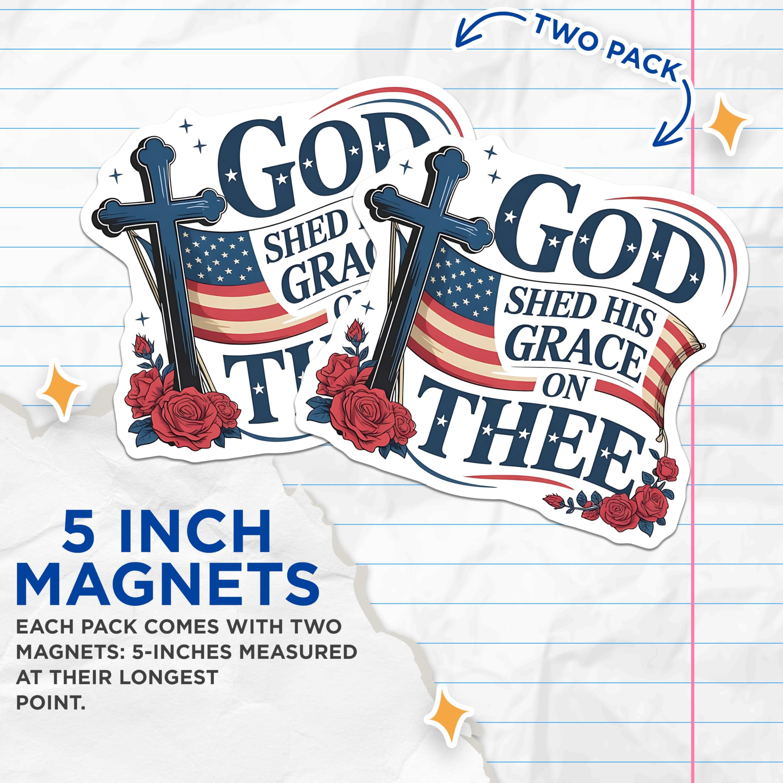 (2 Pack) God Shed His Grace Magnets - Christian Patriotic Decor - American Flag Cross Inspiration - 5 Inches On Longest Side - Thick Durable Magnet - Made in USA - MAG30602