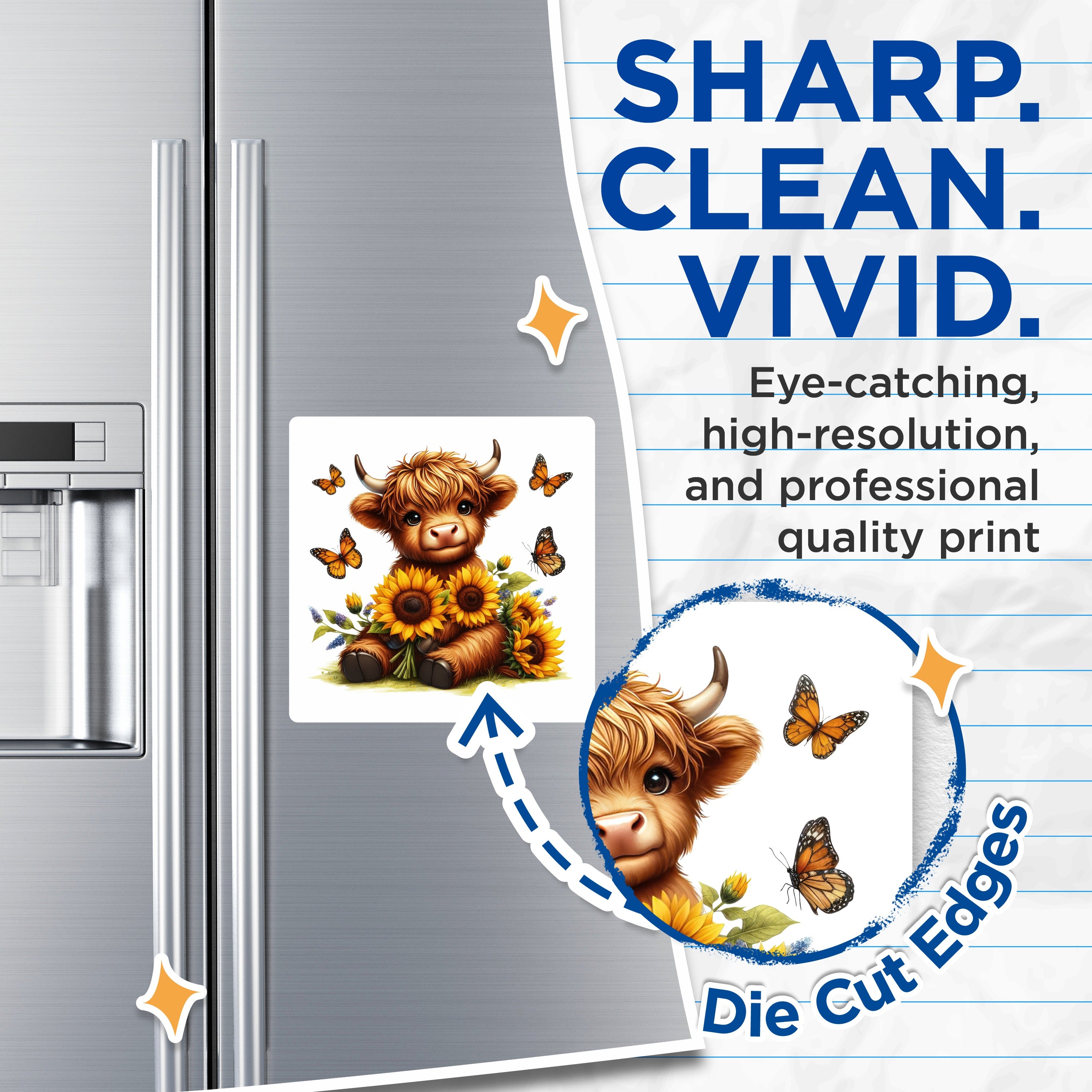 (2 Pack) Cute Highland Cow Magnets - Baby Calf Sunflowers - Whimsical Farm Animal Kitchen Decor - Refrigerator Locker Accent - 5 Inches On Longest Side - Thick Durable Magnet - Made in USA - MAG37096