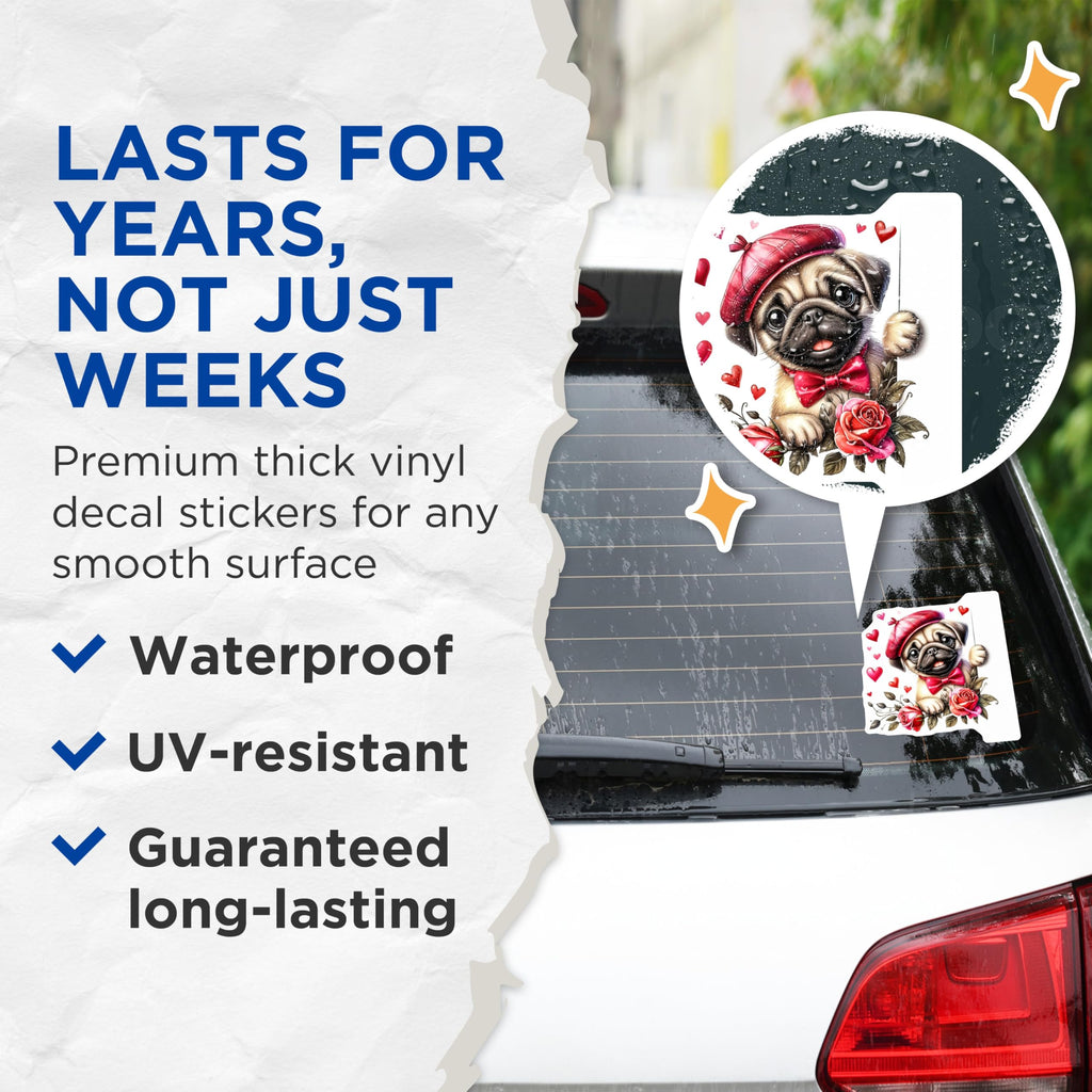 (2 Pack) Pug Stickers - Cute Dog Stickers - Valentine's Day Stickers - 5" On Longest Side - Sticks to Smooth Flat Surfaces - Made in USA - BMCS15312