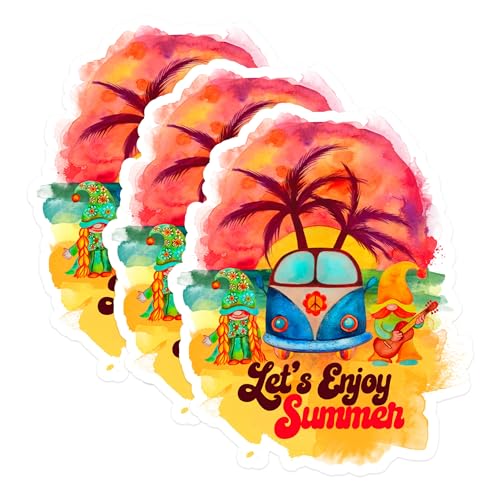 (3 Pack) Summer Gnomes Decals - Beach Van - Laptop Decals - 3 Inches On Longest Side - Easy Peel & Apply - Made in USA - 3MCS8216