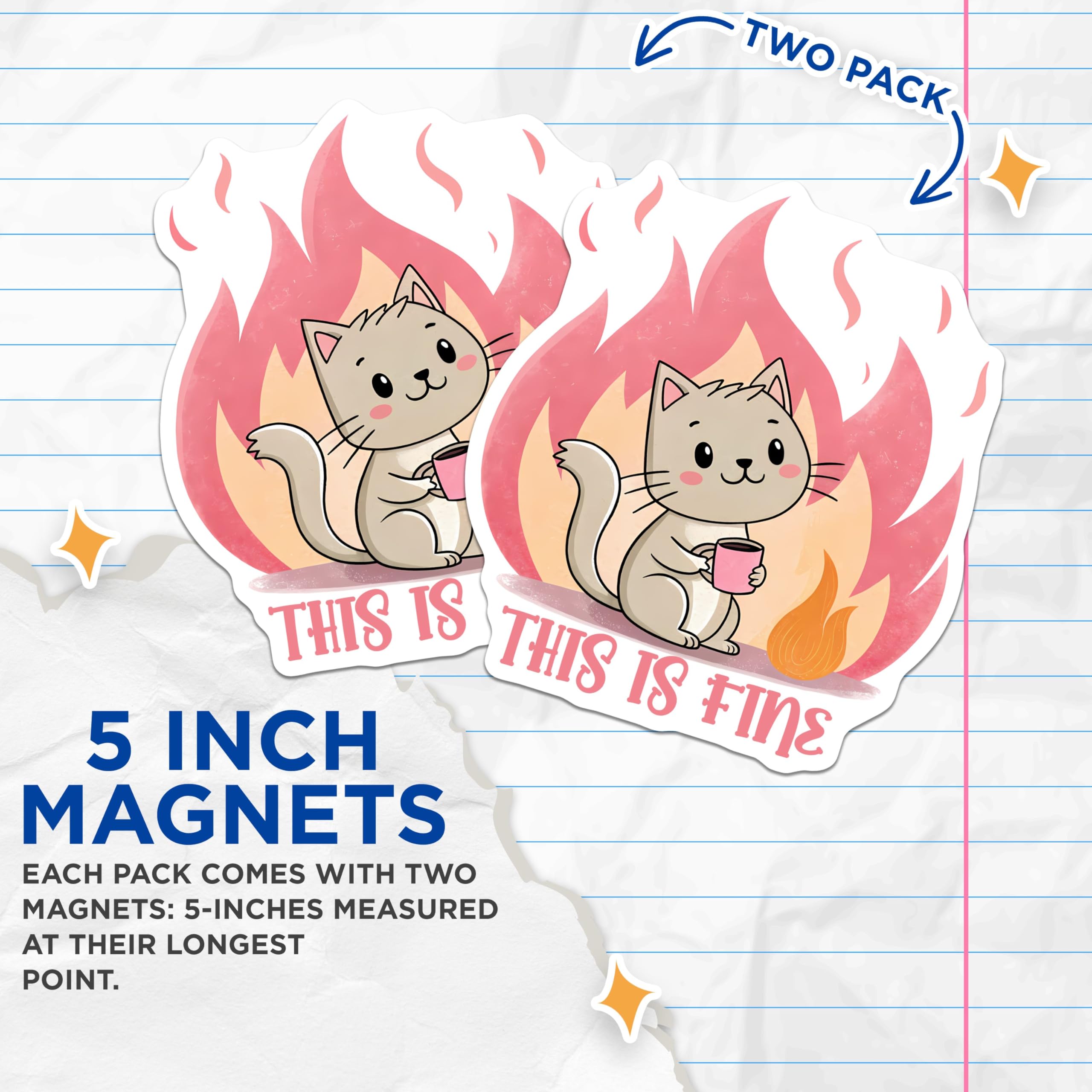 (2 Pack) Cute Cat Meme Magnets - This is Fine Cartoon Magnets - Funny Cat Fire Magnets for Fridge - 5" On Longest Side - for Cars, Refrigerators, Toolboxes, Lockers - Made in USA BMCS3319