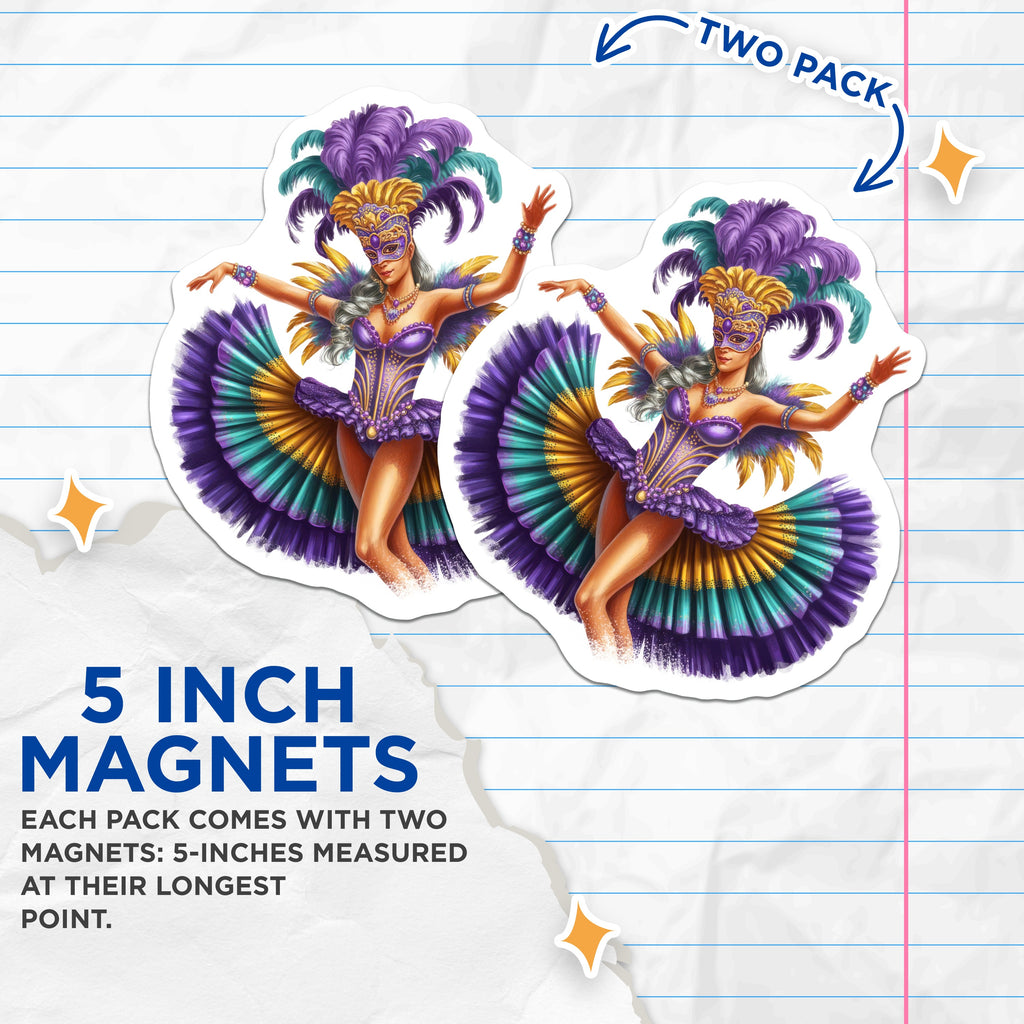 (2 Pack) Mardi Gras Dancer Magnets - New Orleans Carnival Decor - Festive Purple Gold Teal - 5 Inches On Longest Side - Thick Durable Magnet - Made in USA - MAG36902