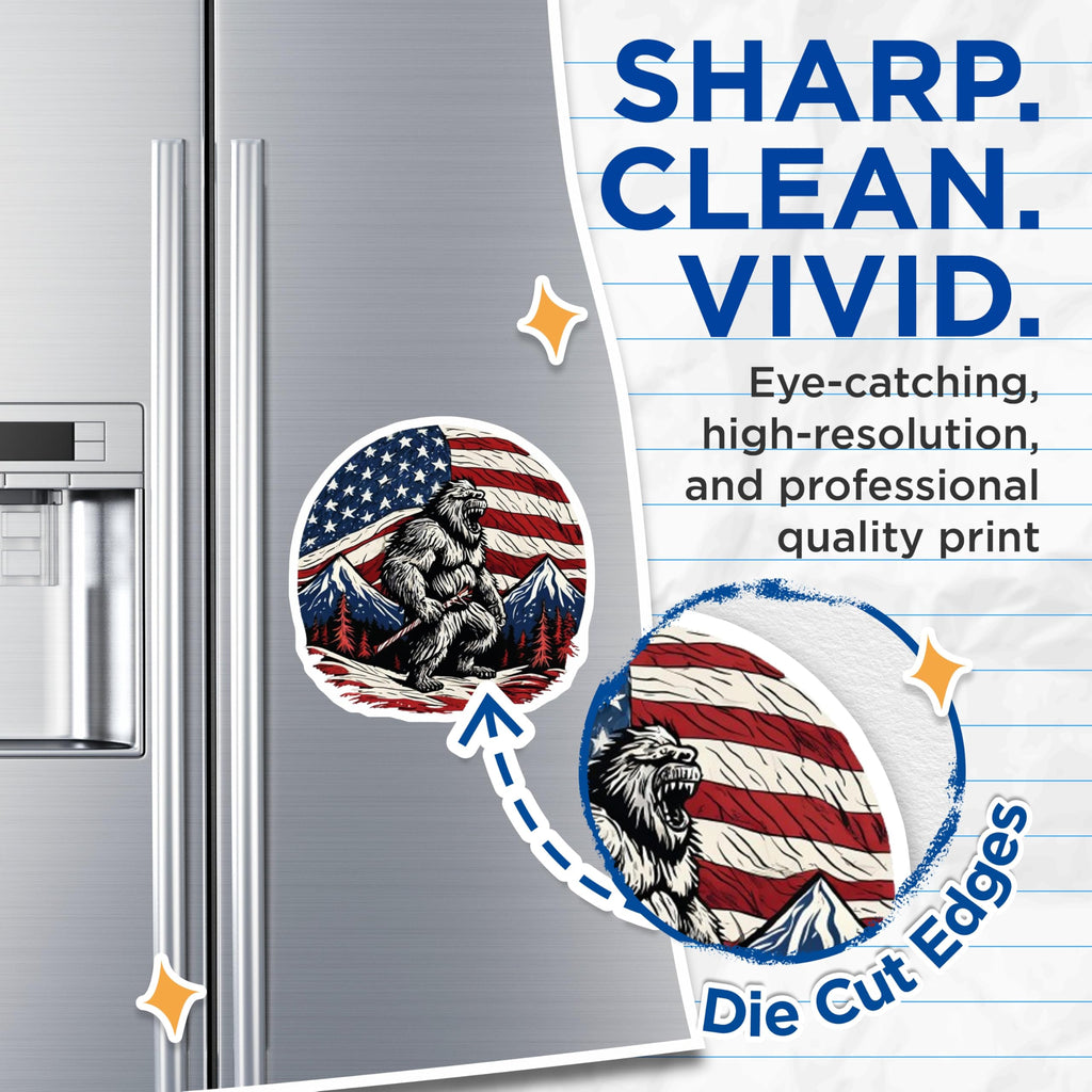 (2 Pack) Bigfoot American Flag Magnets - Patriotic Sasquatch Decor - USA Mountain Yeti Display - 5 Inches On Longest Side - Thick Durable Magnet - Made in USA - MAG20618