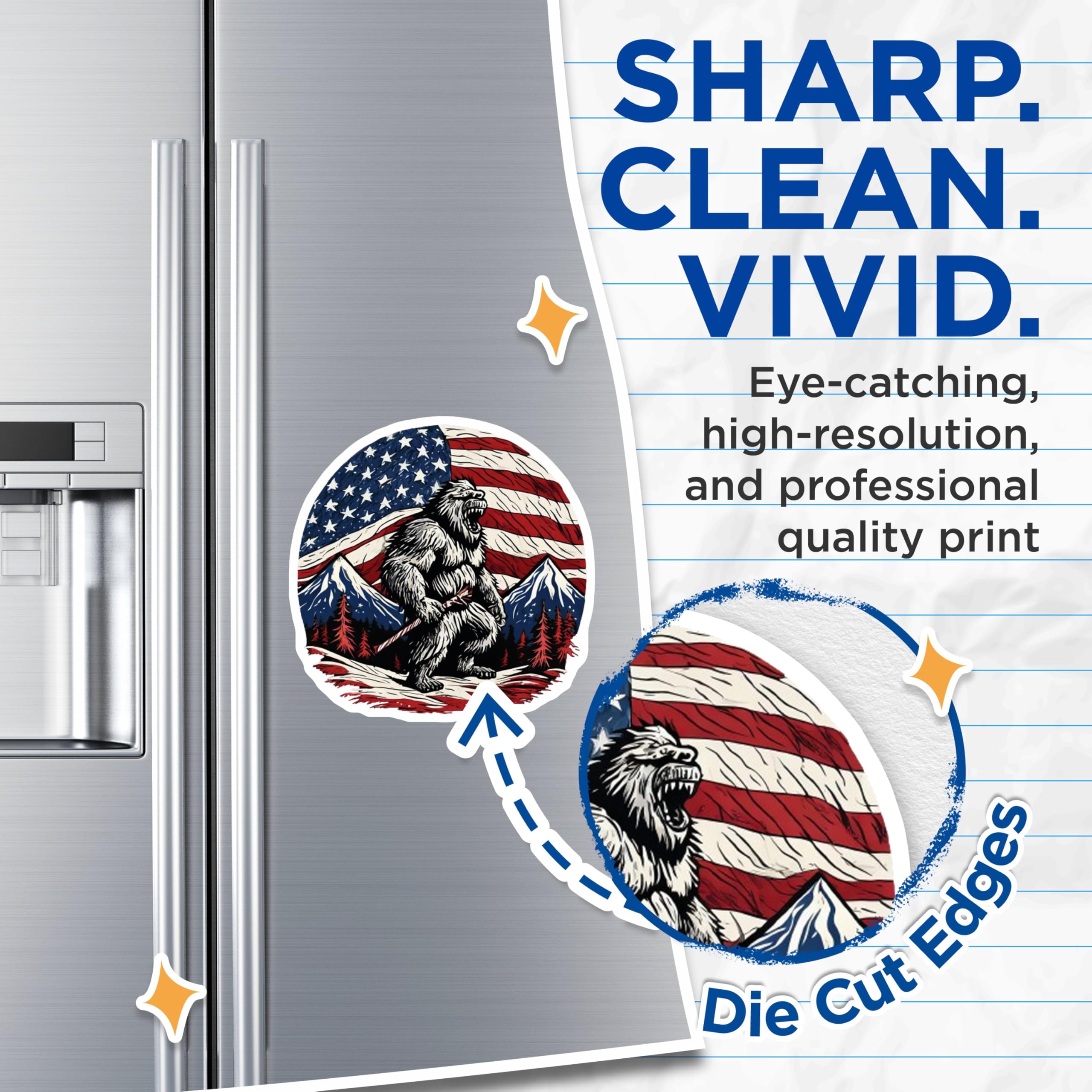 (2 Pack) Bigfoot American Flag Magnets - Patriotic Sasquatch Decor - USA Mountain Yeti Display - 5 Inches On Longest Side - Thick Durable Magnet - Made in USA - MAG20618
