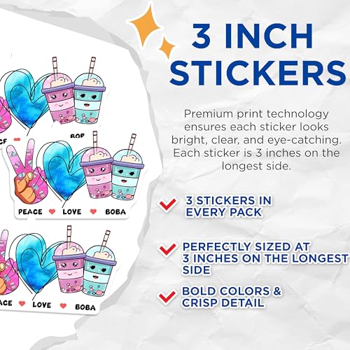 (3 Pack) Boba Tea Decals - Peace Love Boba - Milk Tea Decals - 3 Inches On Longest Side - Easy Peel & Apply - Made in USA - 3MCS6512