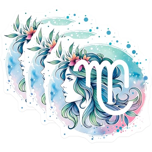 (3 Pack) Virgo Zodiac Sign Decals - Astrology Symbol - Watercolor Design Stickers- 3 Inches On Longest Side - Easy Peel & Apply - Made in USA - 3MCS5548