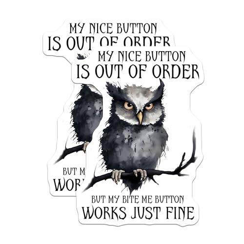 (2 Pack) My Nice Button is Out of Order Stickers - Funny Owl - Sarcastic Quote - 5" On Longest Side - Sticks to Smooth Flat Surfaces - Made in USA - BMCS7729