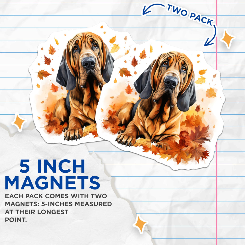 (2 Pack) Bloodhound Magnets - Autumn Dog Art - Fall Leaf Refrigerator Magnets - Canine Animal Decor for Dog Owners - 5 Inches On Longest Side - Thick Durable Magnet - Made in USA - MAG26703