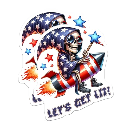(2 Pack) Let's Get Lit Stickers - Skeleton Wizard - Patriotic Rocket - Funny Spellcaster Design - Unique Celebration - 5" On Longest Side - Sticks to Smooth Flat Surfaces - Made in USA - BMCS7927